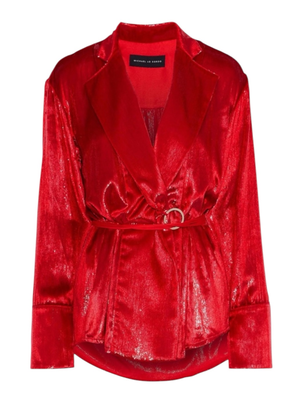Michael Lo Sordo Women Blazer Size 10 Red Metallic Silk Blend Belted Wrap Top — image 5 of 8